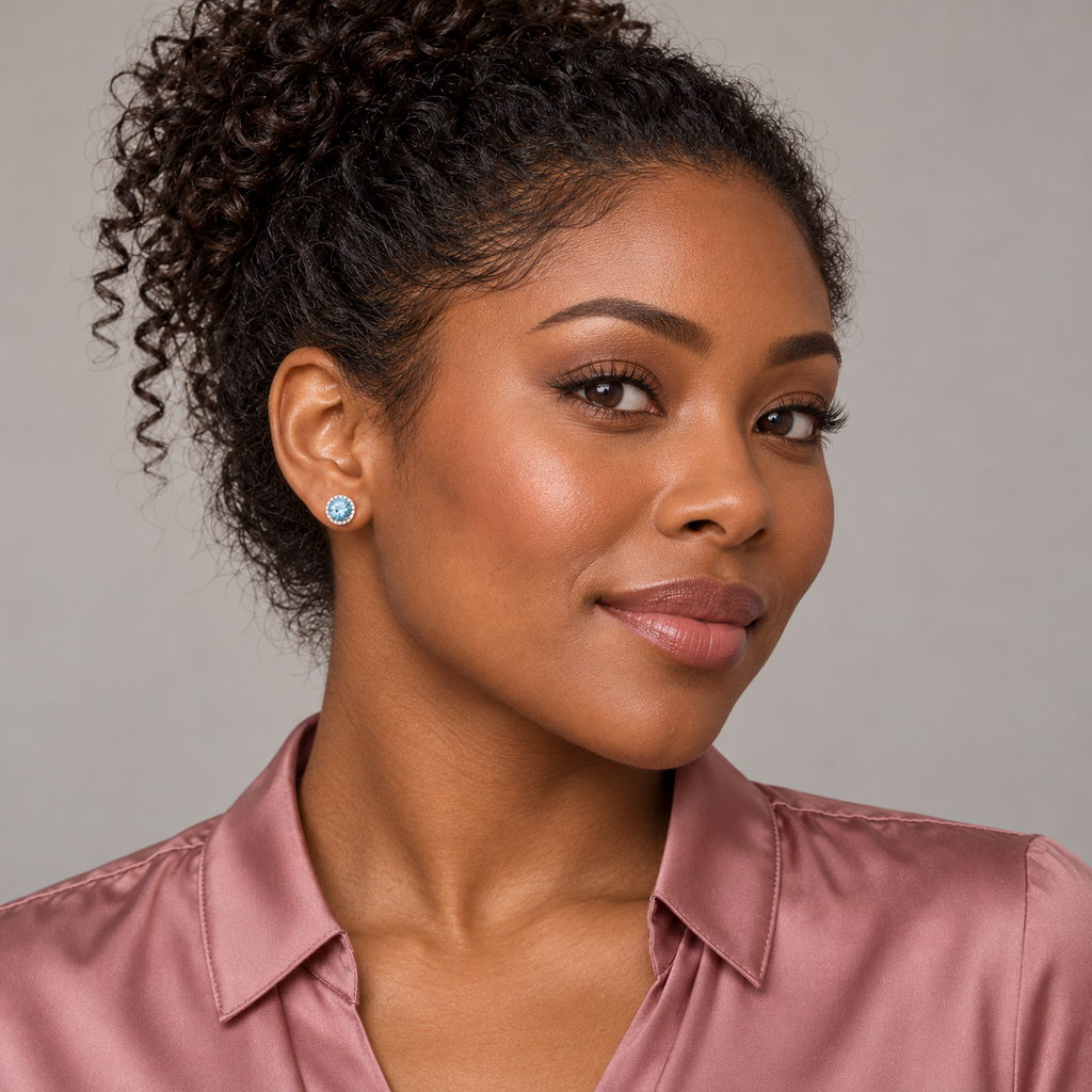 Full-face model wearing natural aquamarine and diamond halo stud earrings in 14K White Gold