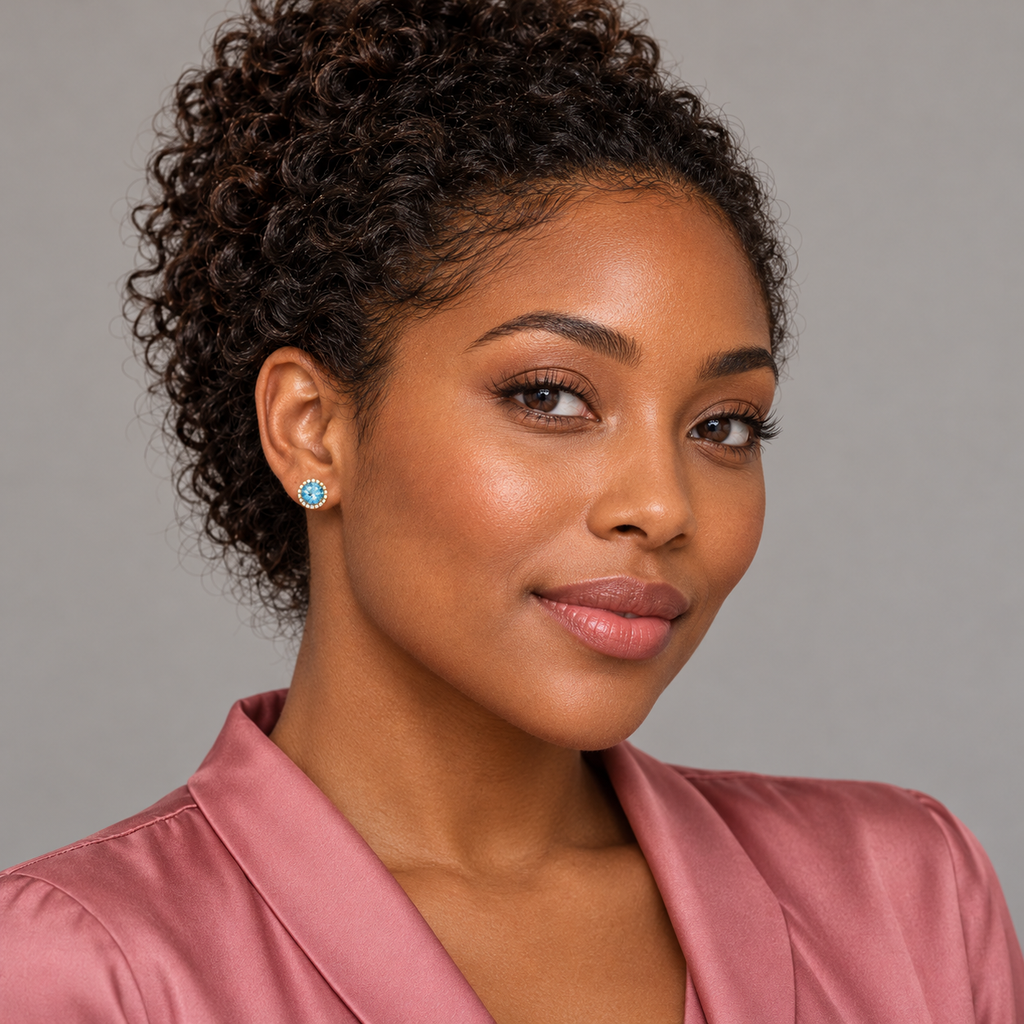 Full-face model wearing natural aquamarine and diamond halo stud earrings in 14K Yellow Gold