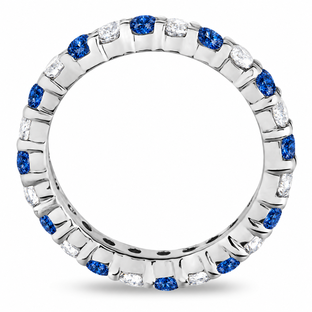Eternity lab blue and lab white diamond ring band in 14k white gold, true side profile