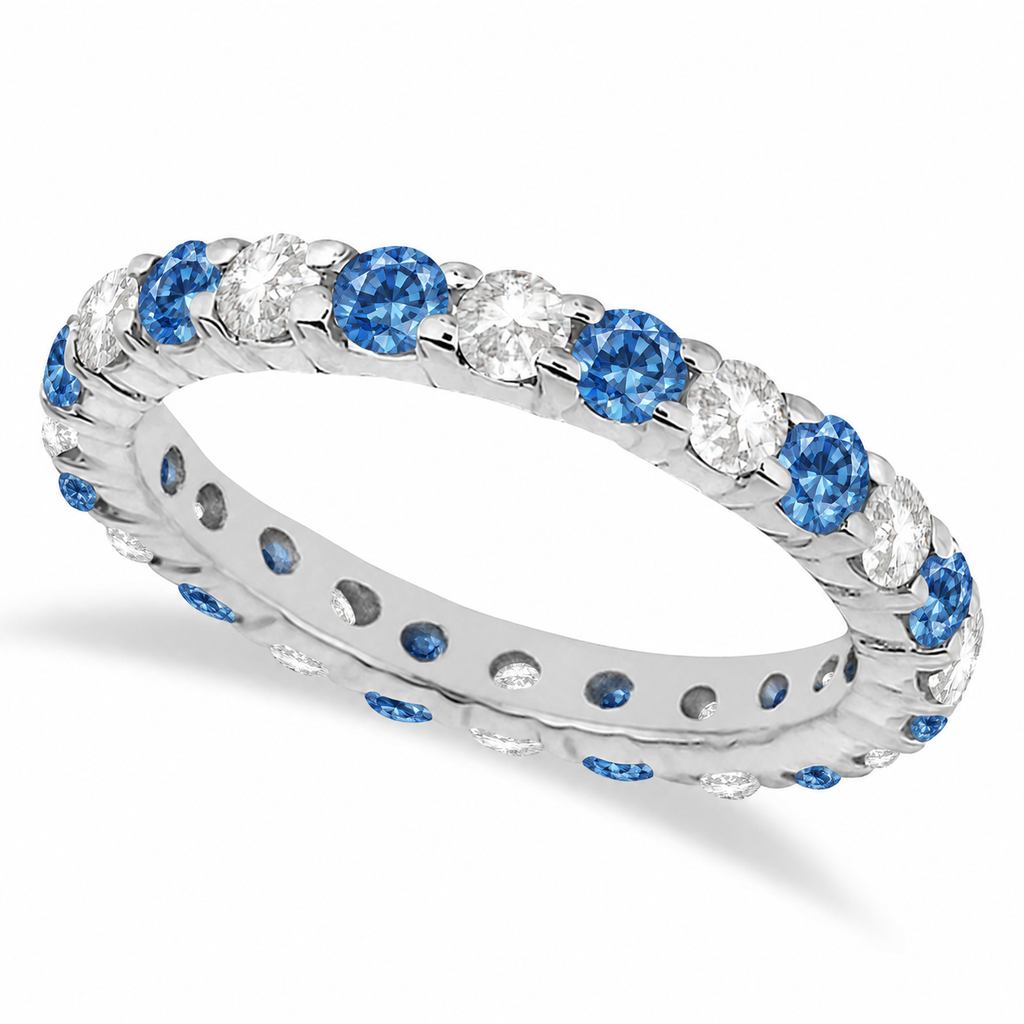 Eternity lab blue and lab white diamond ring band in 14k white gold, main view