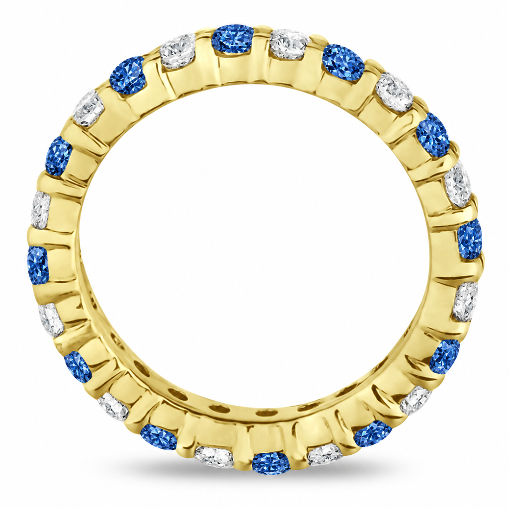 Eternity lab blue and lab white diamond ring band in 14k yellow gold, true side profile