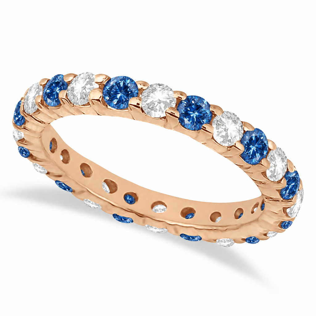 Eternity lab blue and lab white diamond ring band in 14k rose gold, main view