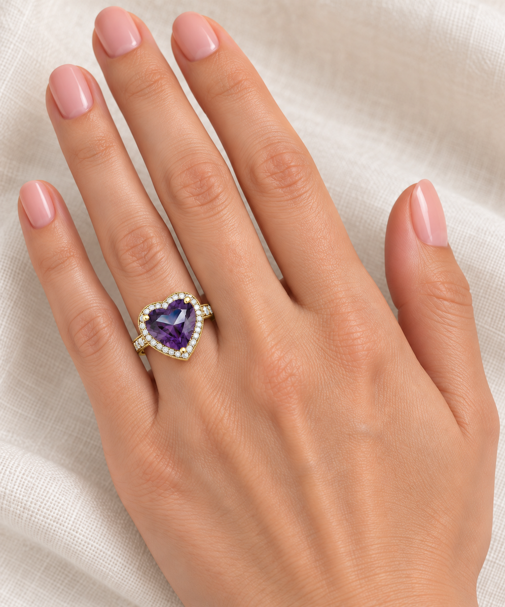 12x12mm heart-shaped natural amethyst and diamond halo ring in 14k yellow gold, 5.41ct — at base of left ring finger, ivory linen close-up