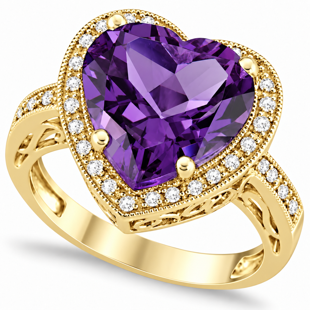 12x12mm heart-shaped natural amethyst and diamond halo ring in 14k yellow gold, 5.41ct — main product view on white