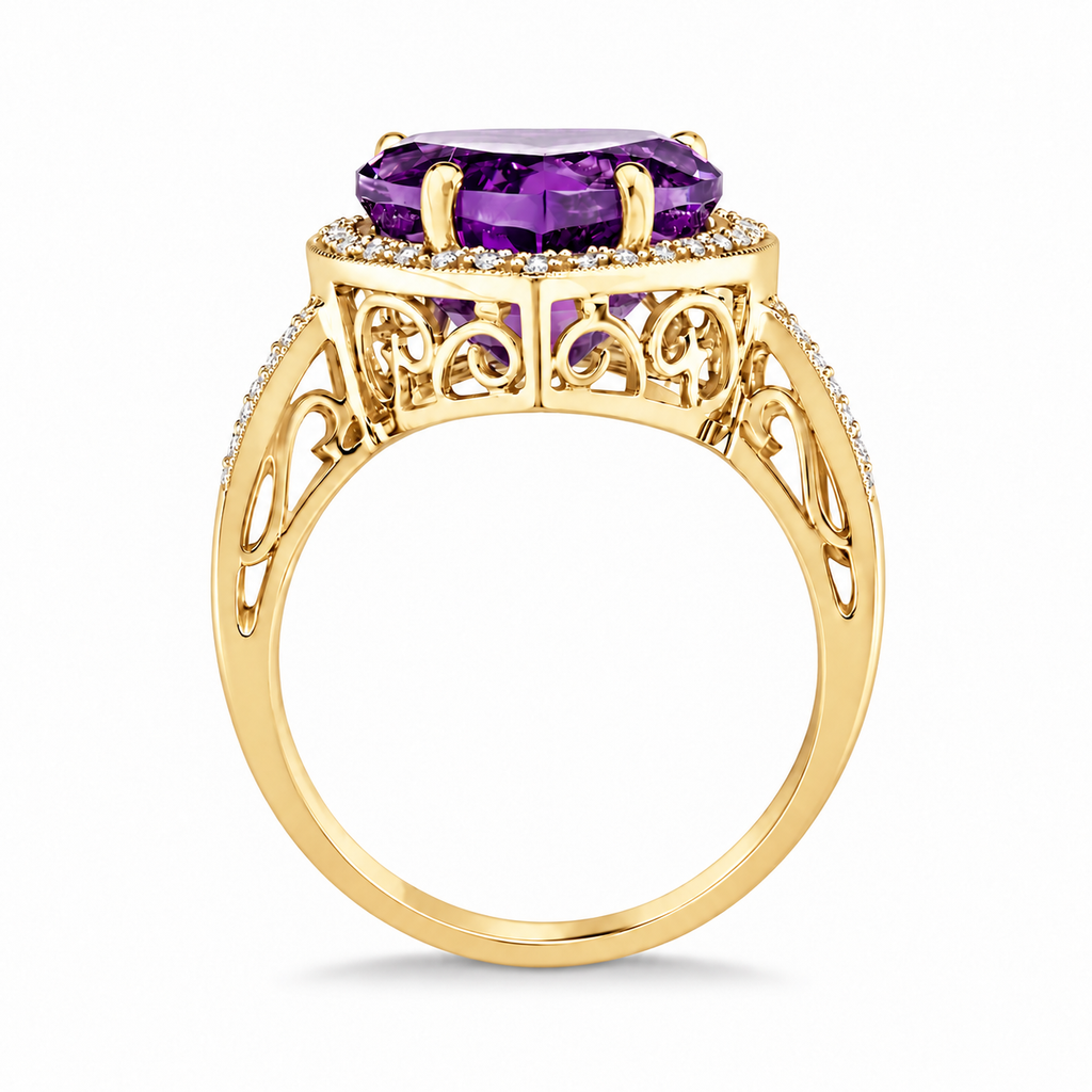 12x12mm heart-shaped natural amethyst and diamond halo ring in 14k yellow gold, 5.41ct — true upright side profile with original scrollwork basket