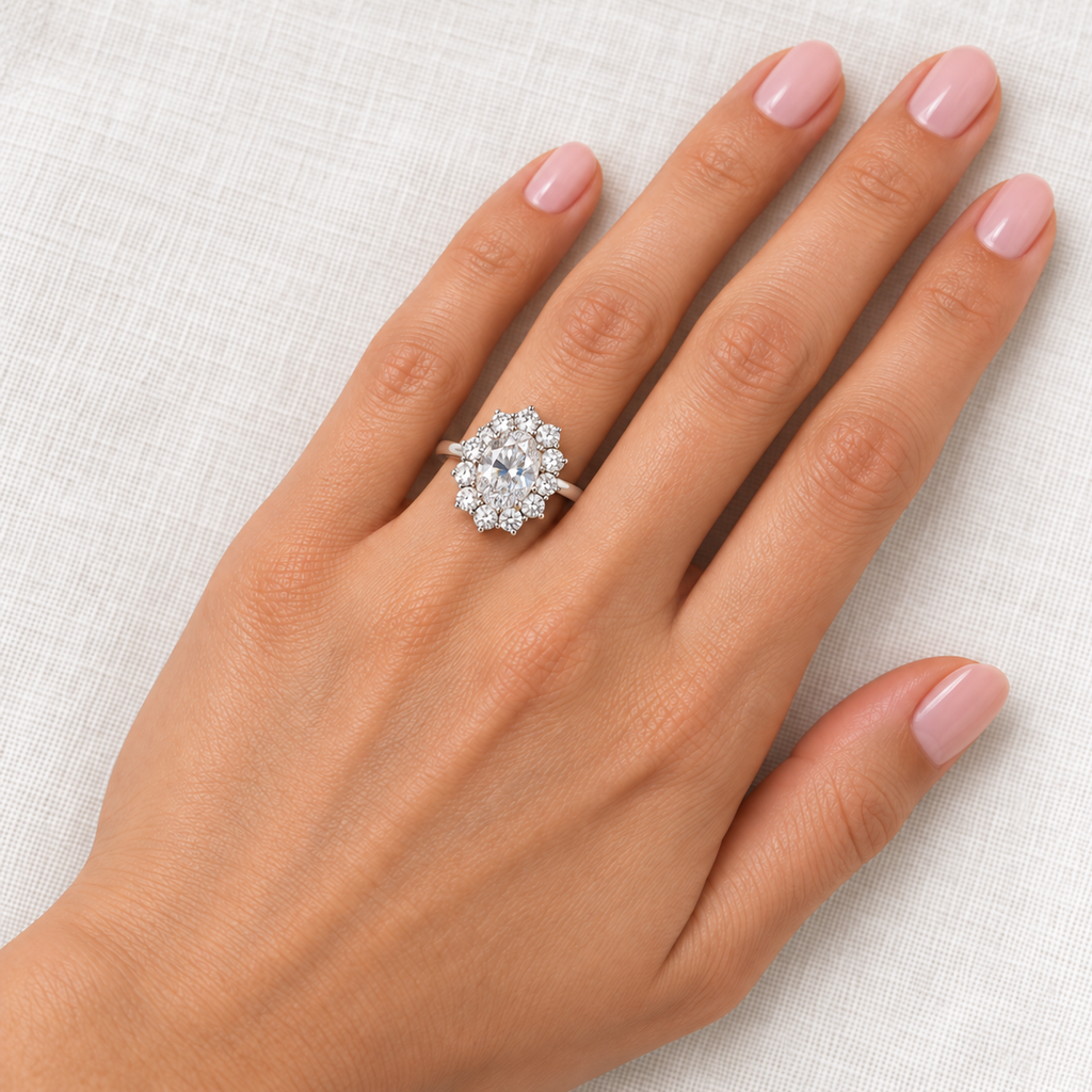 Oval lab-grown diamond and 12-diamond halo ring in 14k white gold on the left ring finger against ivory linen
