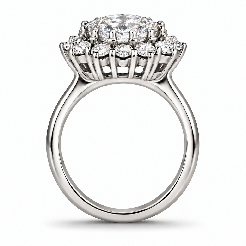 Lab-grown diamond 9x7mm oval center and twelve colorless diamond halo ring in 14k white gold, side view with circular shank and smooth inner band