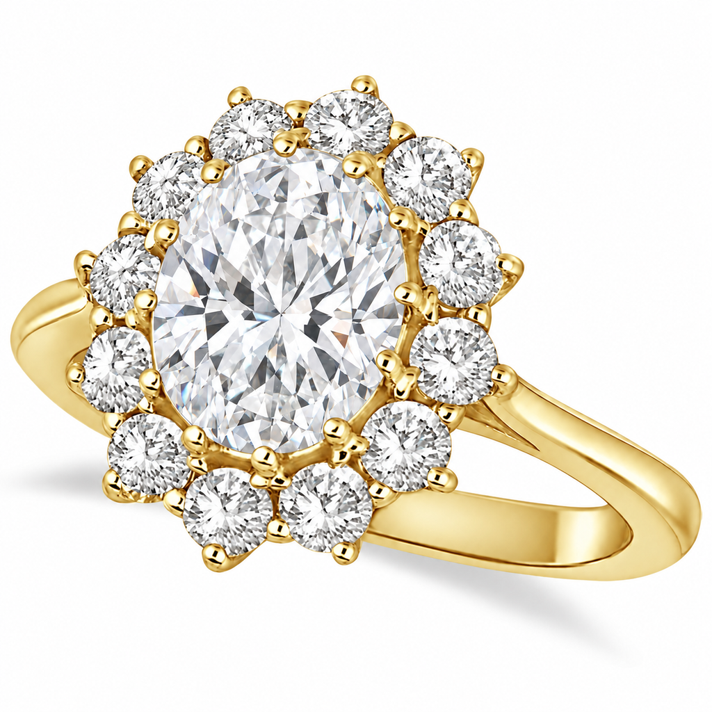 Oval lab-grown diamond and 12-diamond halo ring in 14k yellow gold on neutral white