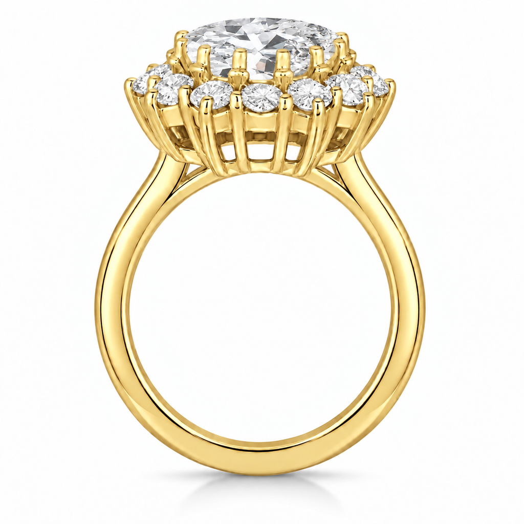 True side profile of oval lab-grown diamond and 12-diamond halo ring in 14k yellow gold with circular shank