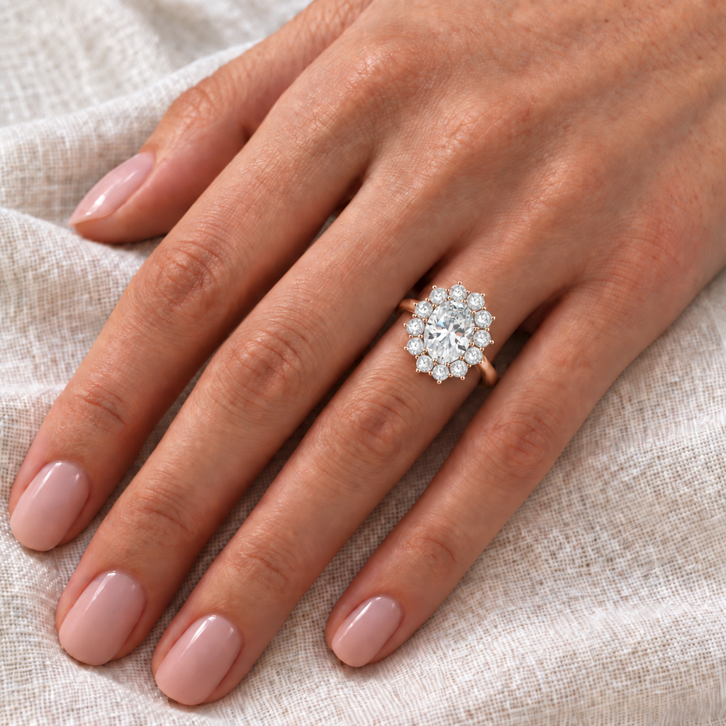 Oval lab-grown diamond and 12-diamond halo ring in 14k rose gold on left hand over ivory linen