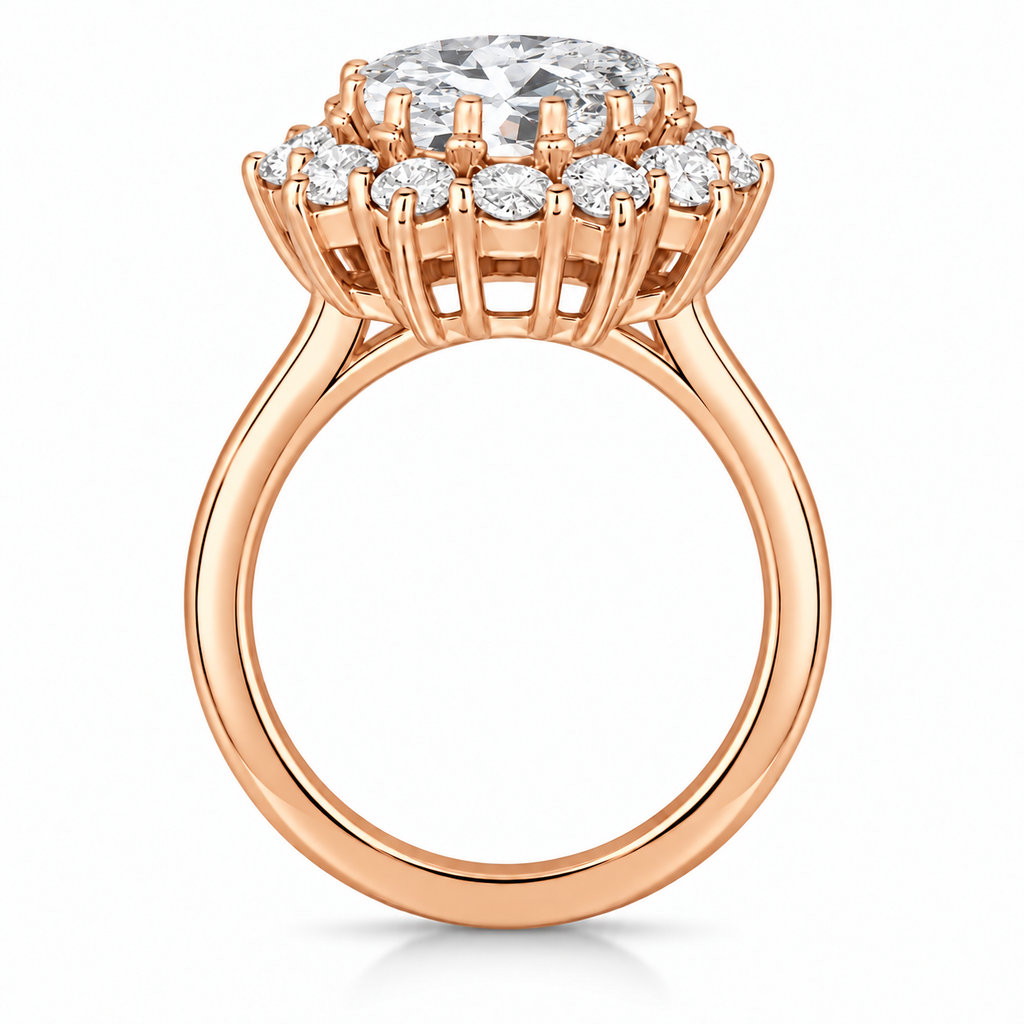 True side profile of oval lab-grown diamond and 12-diamond halo ring in 14k rose gold with circular shank