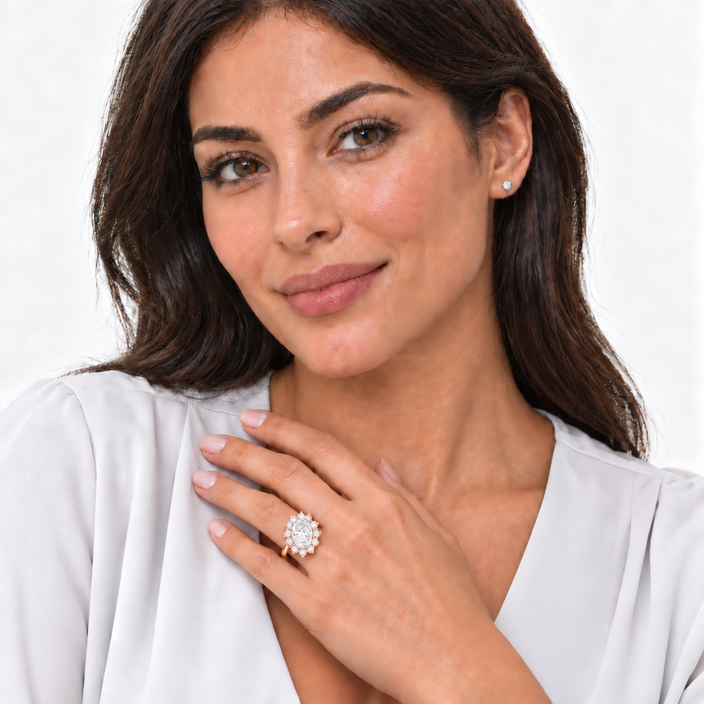 Model wearing oval lab-grown diamond and 12-diamond halo ring in 14k rose gold on left ring finger