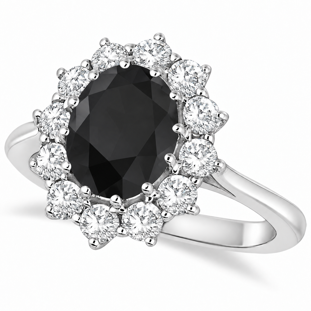Oval natural black diamond and 12-diamond halo ring in 14k white gold on neutral white