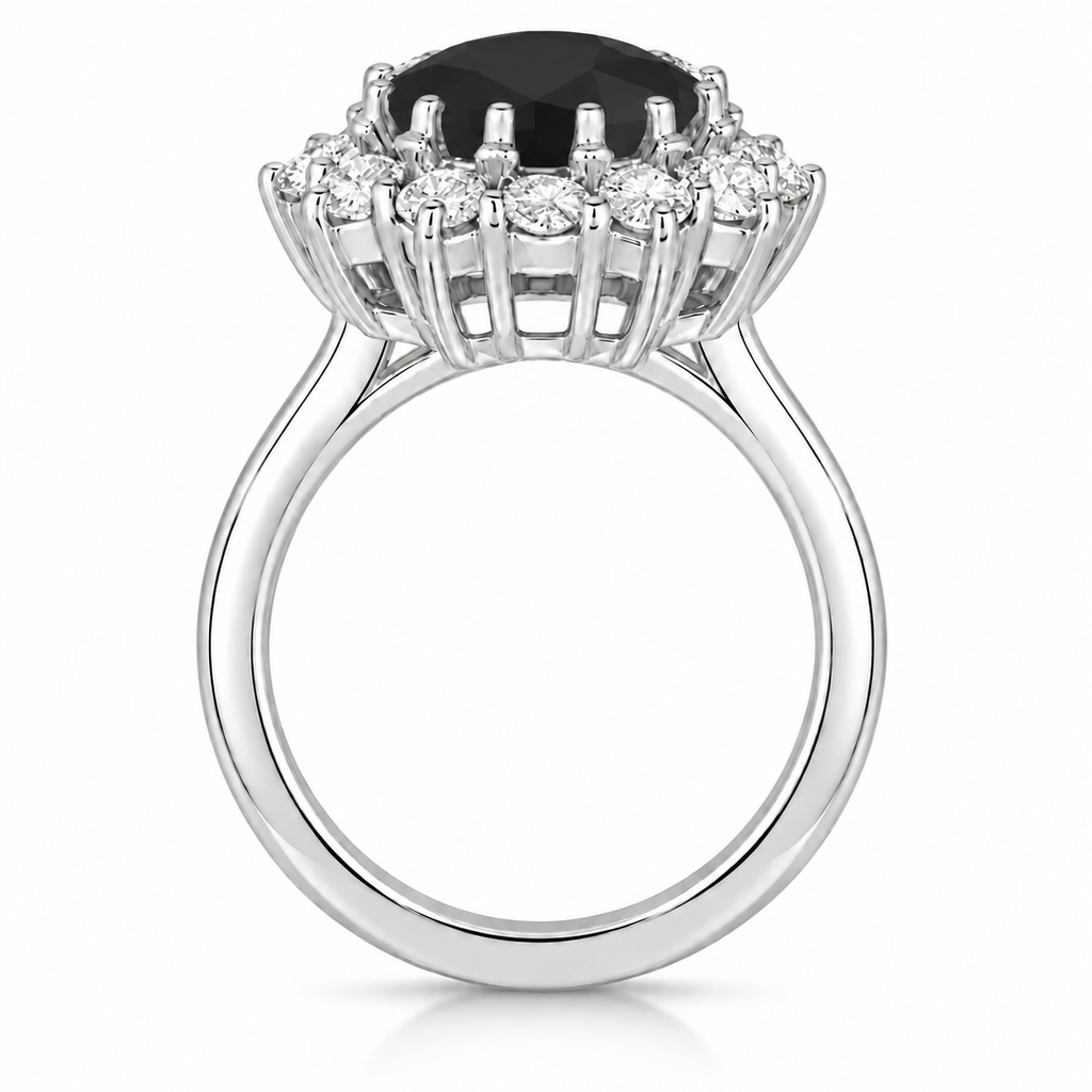 True side profile of oval natural black diamond and 12-diamond halo ring in 14k white gold with circular shank