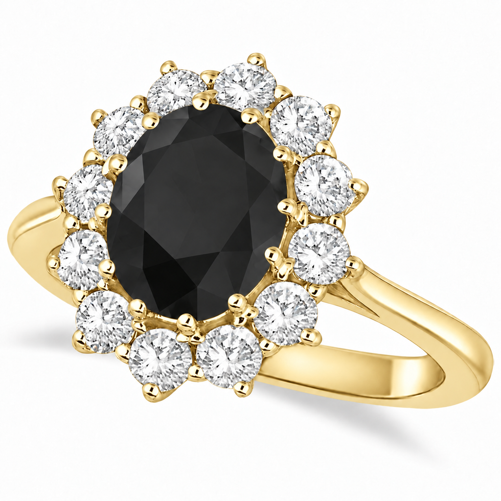 Oval natural black diamond and 12-diamond halo ring in 14k yellow gold on neutral white