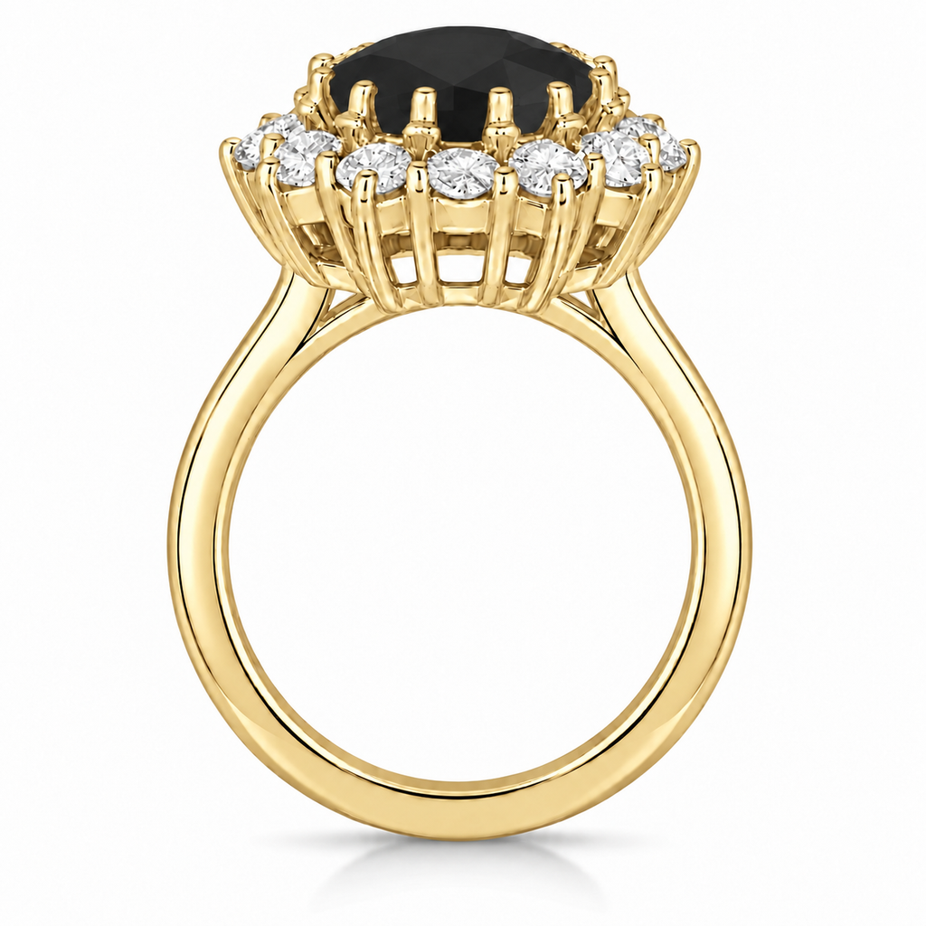 True side profile of oval natural black diamond and 12-diamond halo ring in 14k yellow gold with circular shank