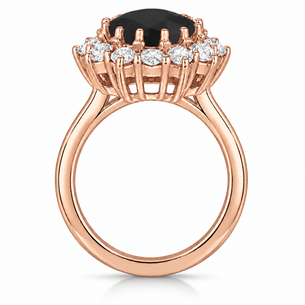 True side profile of oval natural black diamond and 12-diamond halo ring in 14k rose gold with circular shank