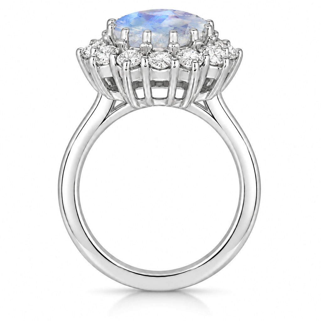 True side profile of natural rainbow moonstone and 12-diamond halo ring in 14k white gold with circular shank