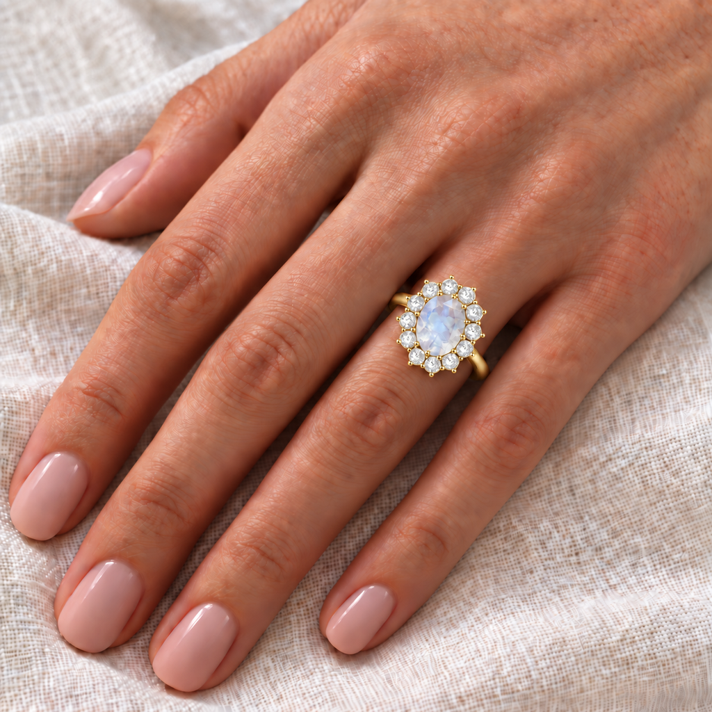 Natural rainbow moonstone and 12-diamond halo ring in 14k yellow gold on left hand over ivory linen