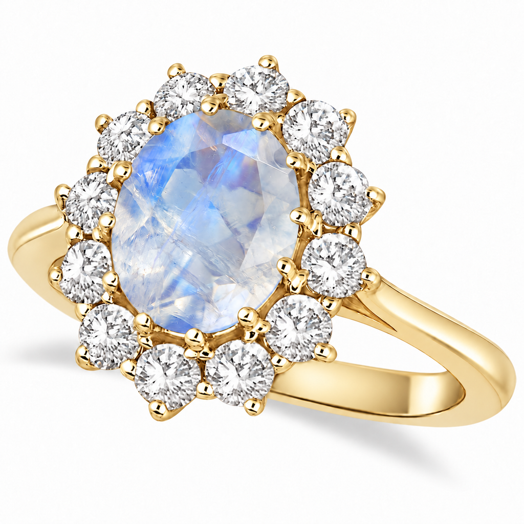 Natural rainbow moonstone and 12-diamond halo ring in 14k yellow gold on neutral white