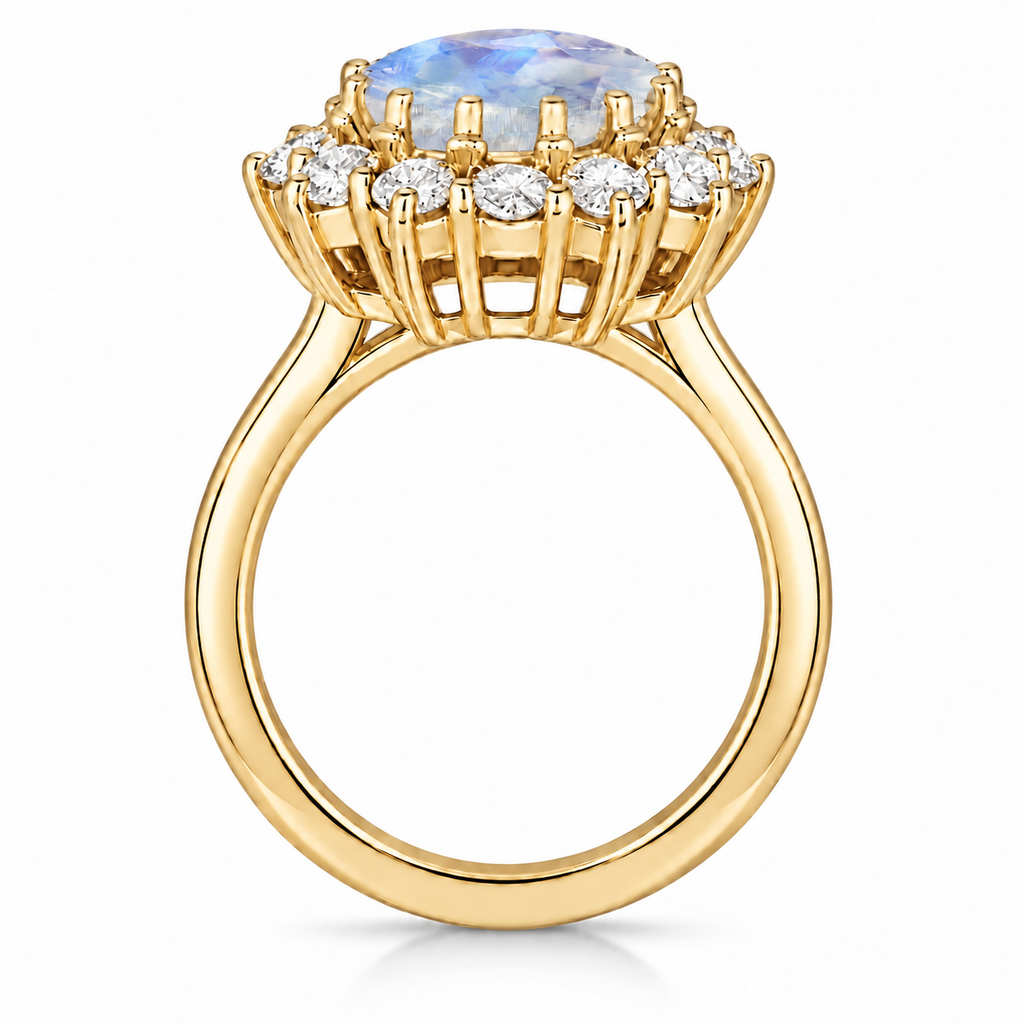 True side profile of natural rainbow moonstone and 12-diamond halo ring in 14k yellow gold with circular shank