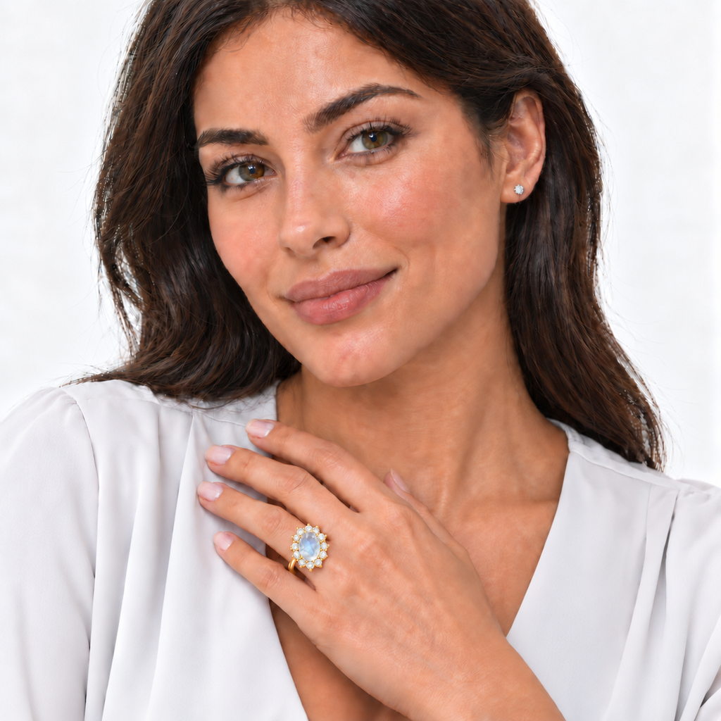 Model wearing natural rainbow moonstone and 12-diamond halo ring in 14k yellow gold on left ring finger