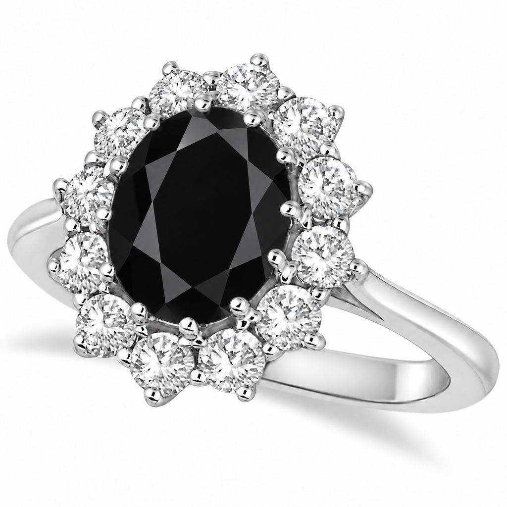 Natural oval black onyx and 12-diamond halo ring in 14k white gold on neutral white