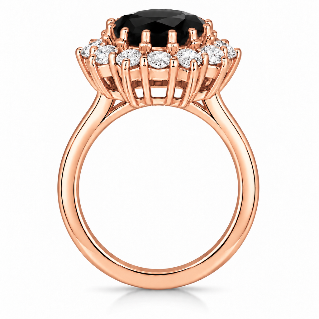 True side profile of natural oval black onyx and 12-diamond halo ring in 14k rose gold with circular shank