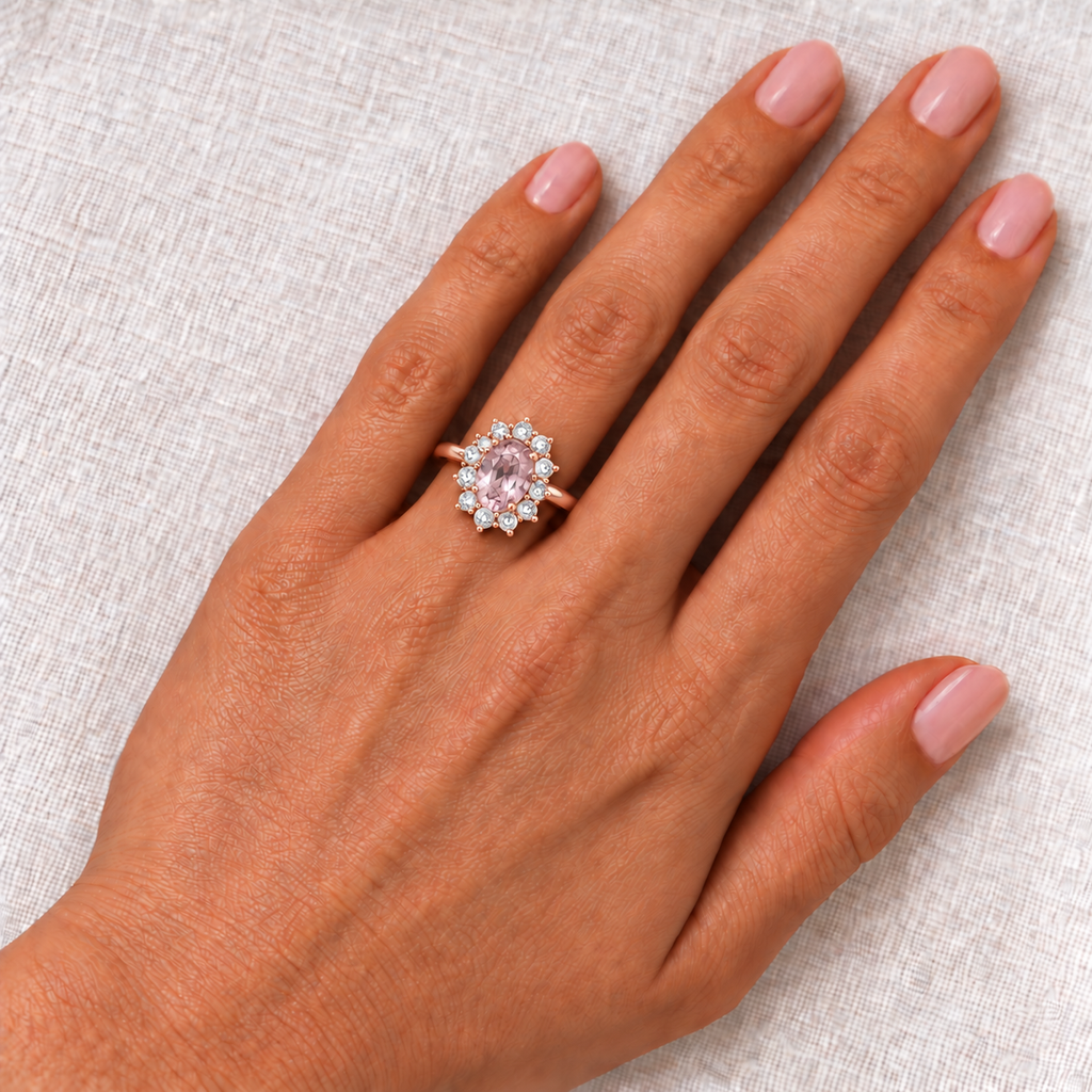 Natural oval pink-sapphire and twelve-diamond halo ring in 14k rose gold, ivory linen left hand closeup