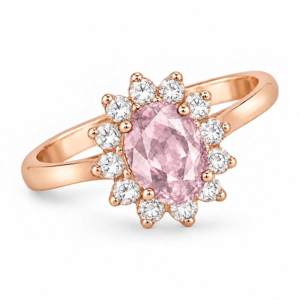 Natural oval pink-sapphire and twelve-diamond halo ring in 14k rose gold, original oblique front alternate