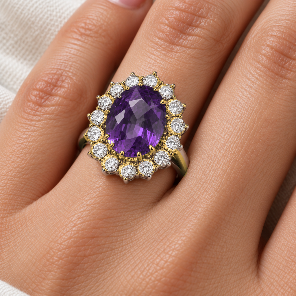 Oval amethyst and diamond halo ring shown on a hand, with yellow-gold prongs and a plain band, 5.40ctw