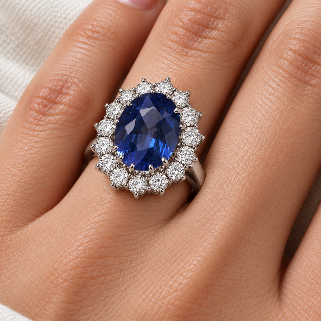 Oval blue sapphire and diamond halo ring shown on a hand, with polished white-metal prongs and a plain band, 5.40ctw