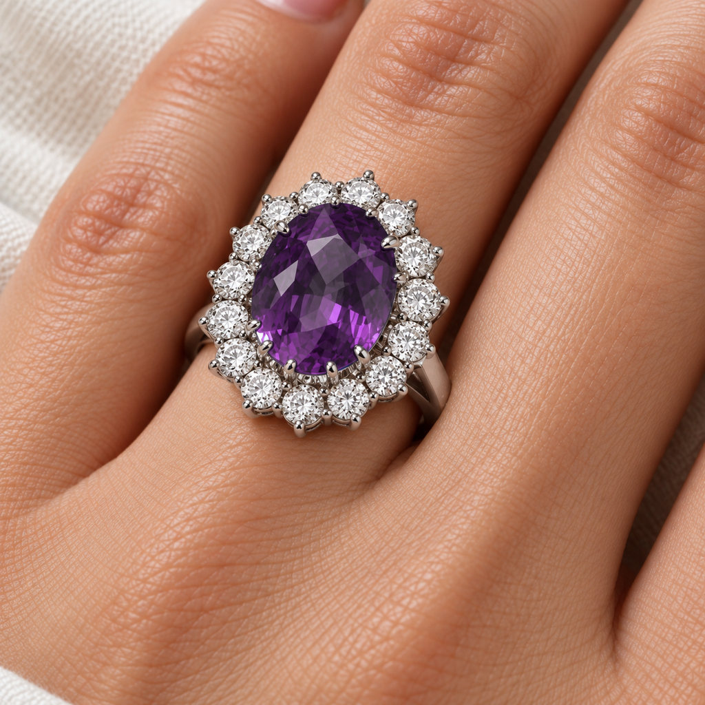Oval lab-grown alexandrite and diamond halo ring shown on a hand, with polished white-metal prongs and a plain band, 5.40ctw