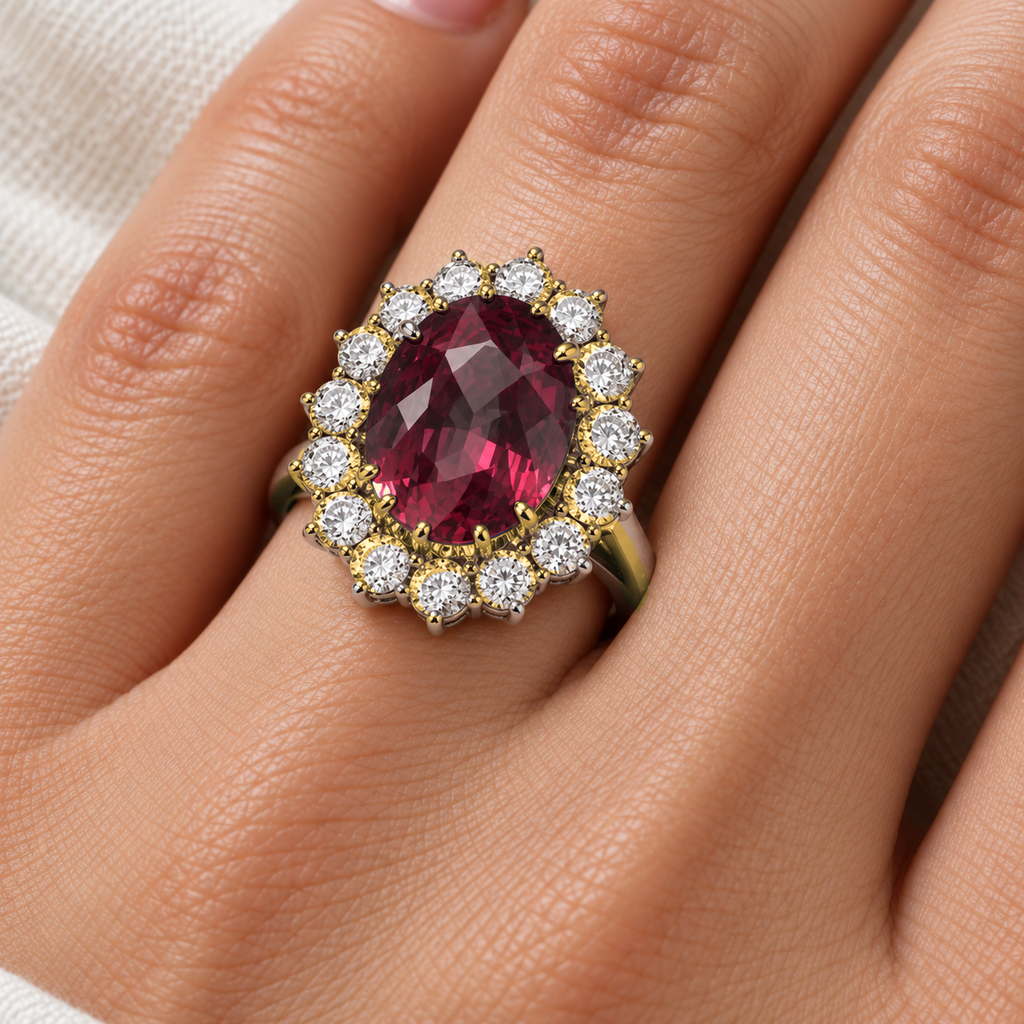 Oval ruby and diamond halo ring shown on a hand, with yellow-gold prongs and a plain band, 5.40ctw