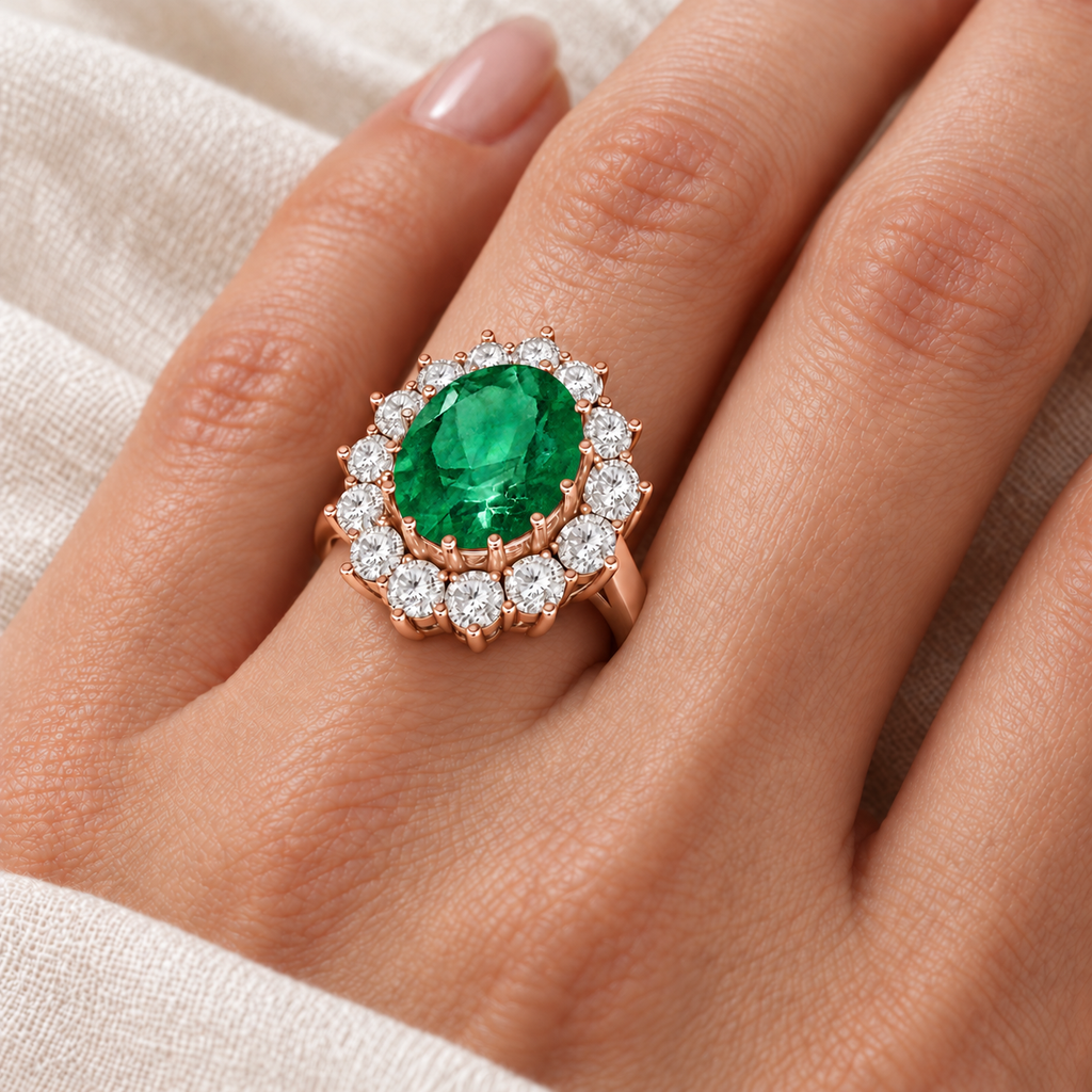 Natural oval emerald and fourteen-diamond Lady Di halo ring in 18k Rose Gold, 5.40ctw, linen close-up on left ring finger