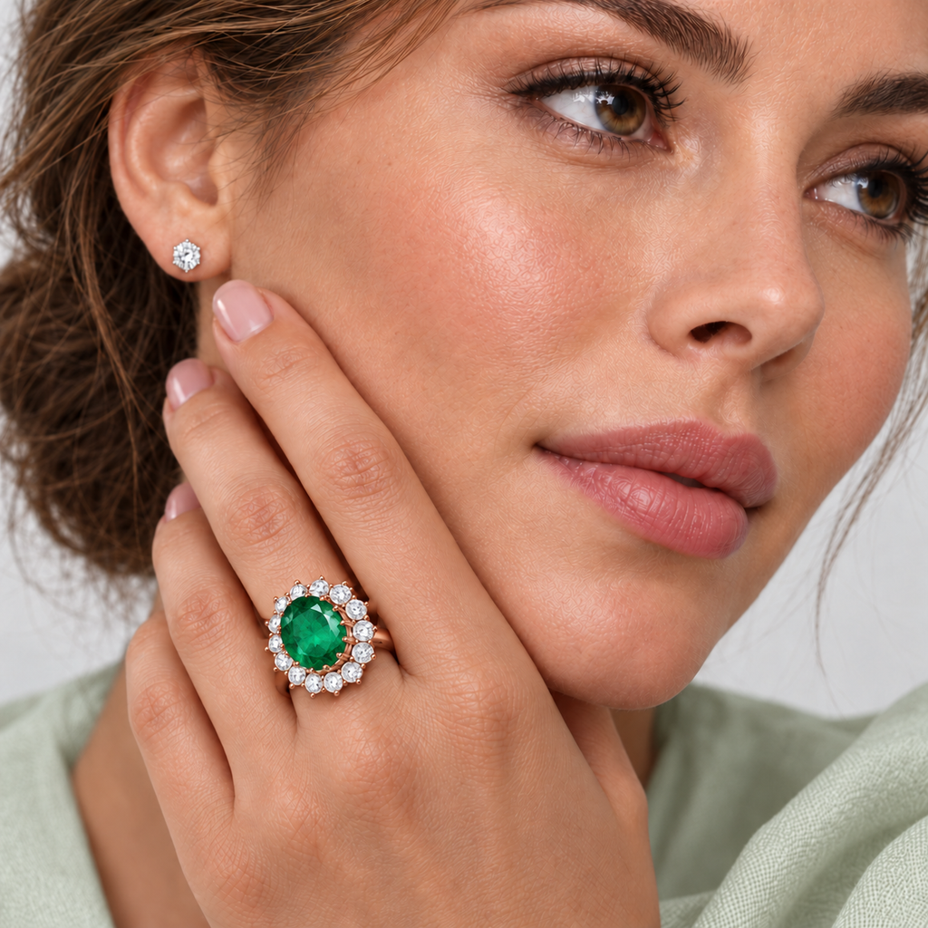 Natural oval emerald and fourteen-diamond Lady Di halo ring in 18k Rose Gold, 5.40ctw, studio portrait on left ring finger