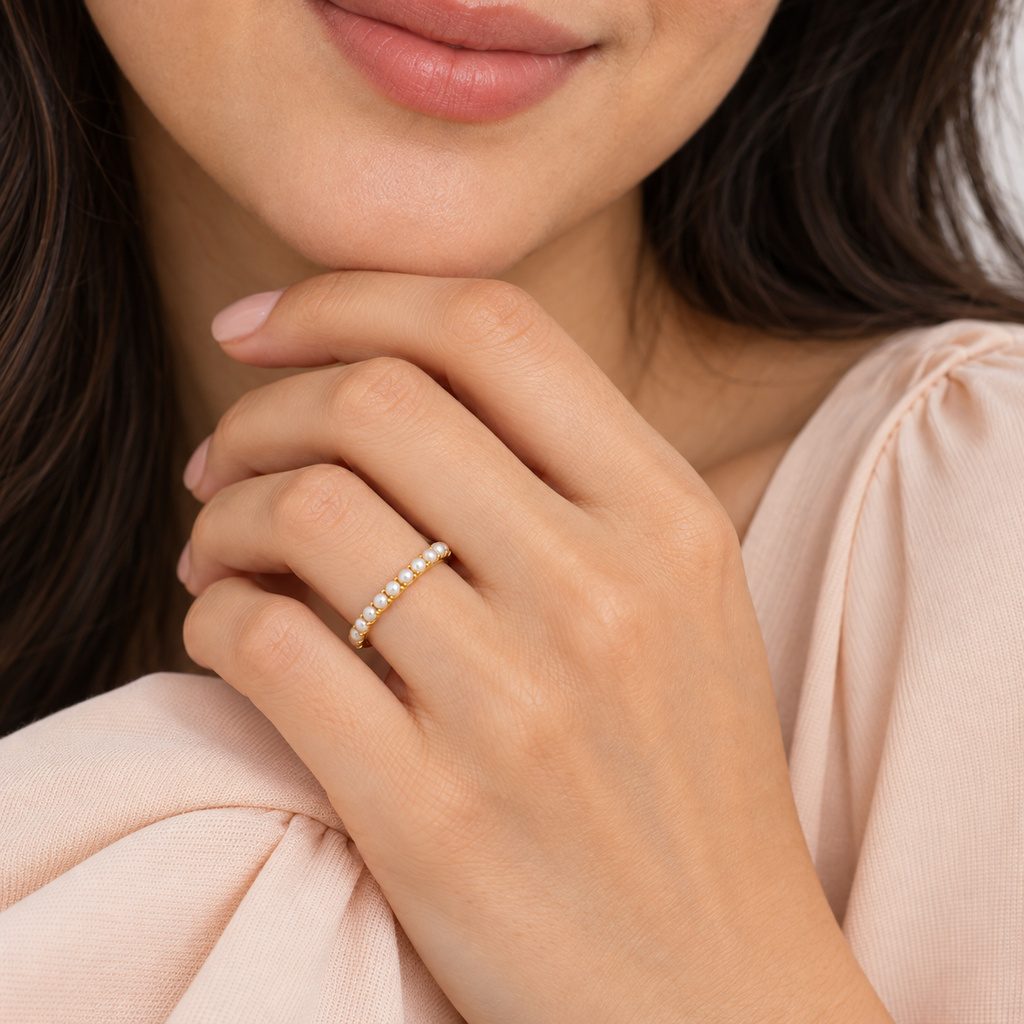 Cultured Pearl Stackable Ring Band 14K Yellow Gold (2mm) — hand