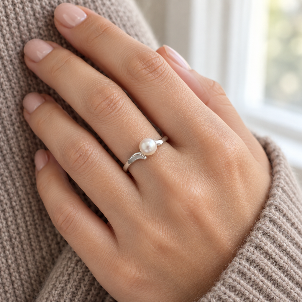 Solitaire Bypass Akoya Cultured Pearl Ring 14k White Gold (5.5mm) — hand