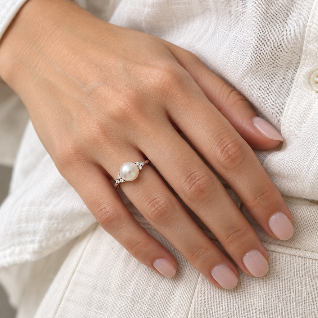 Freshwater Cultured Pearl & Diamond Accented Ring 14K W. Gold (7-8mm) — close-up on hand
