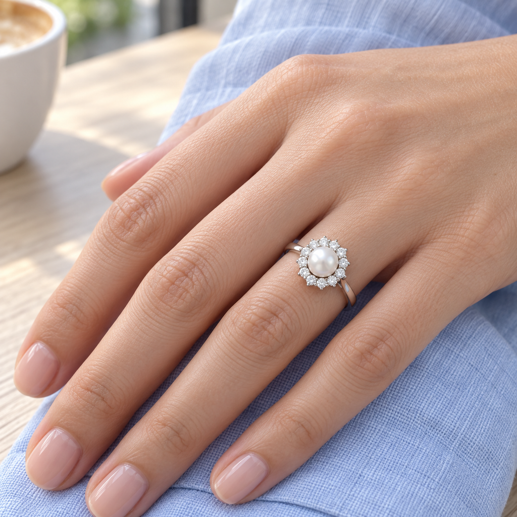 Freshwater Pearl & Diamond Halo Ring 14k White Gold 5.50-6mm 0.33ct — close-up on hand