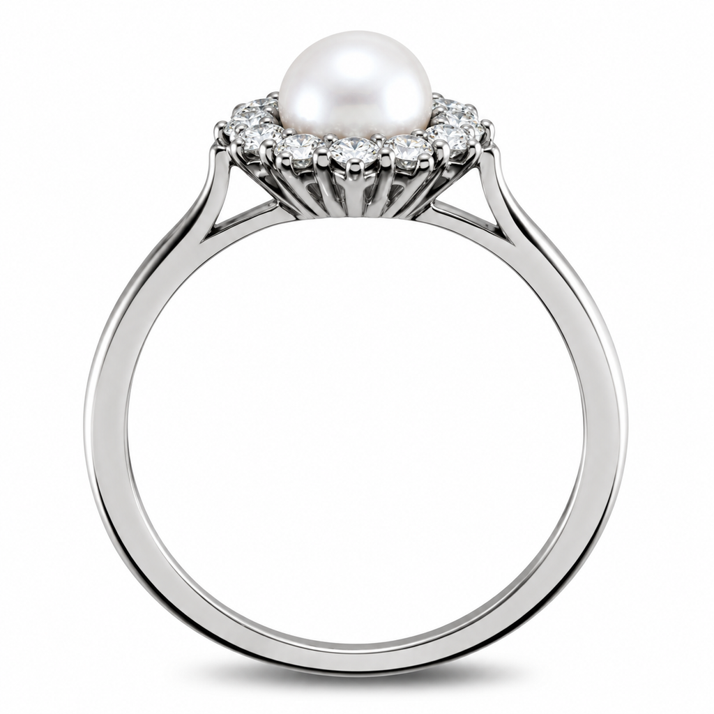 Freshwater Pearl & Diamond Halo Ring 14k White Gold 5.50-6mm 0.33ct — front profile