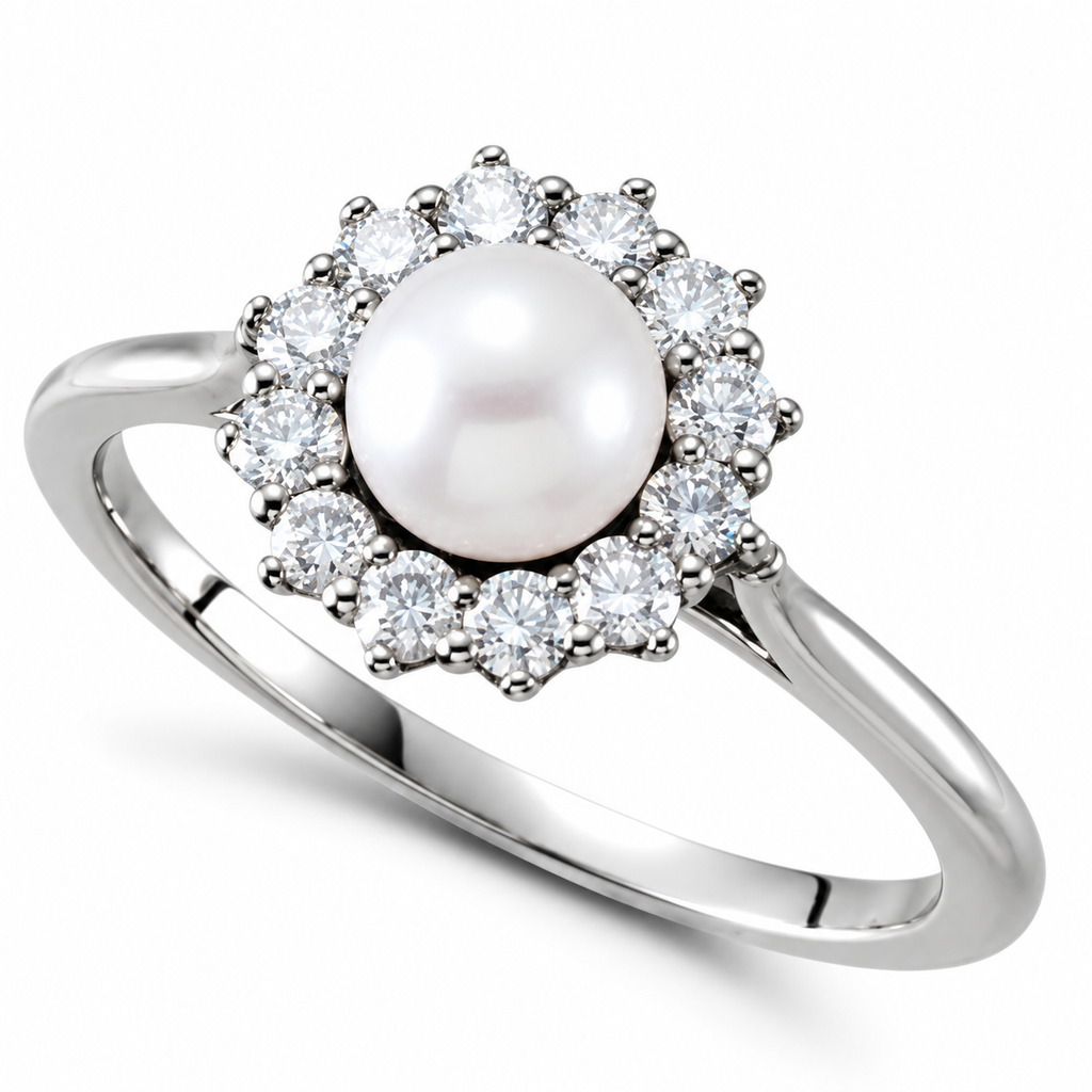 Freshwater Pearl & Diamond Halo Ring 14k White Gold 5.50-6mm 0.33ct — main product
