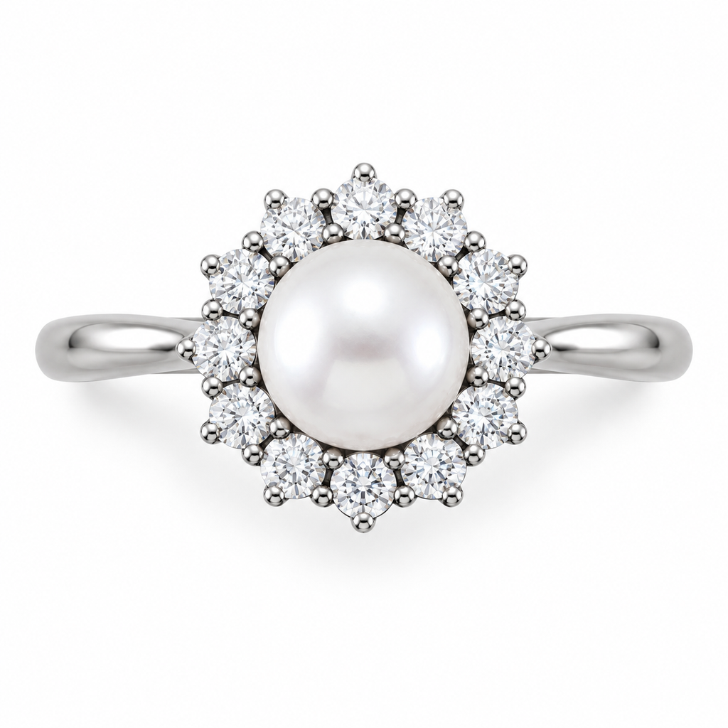 Freshwater Pearl & Diamond Halo Ring 14k White Gold 5.50-6mm 0.33ct — top view