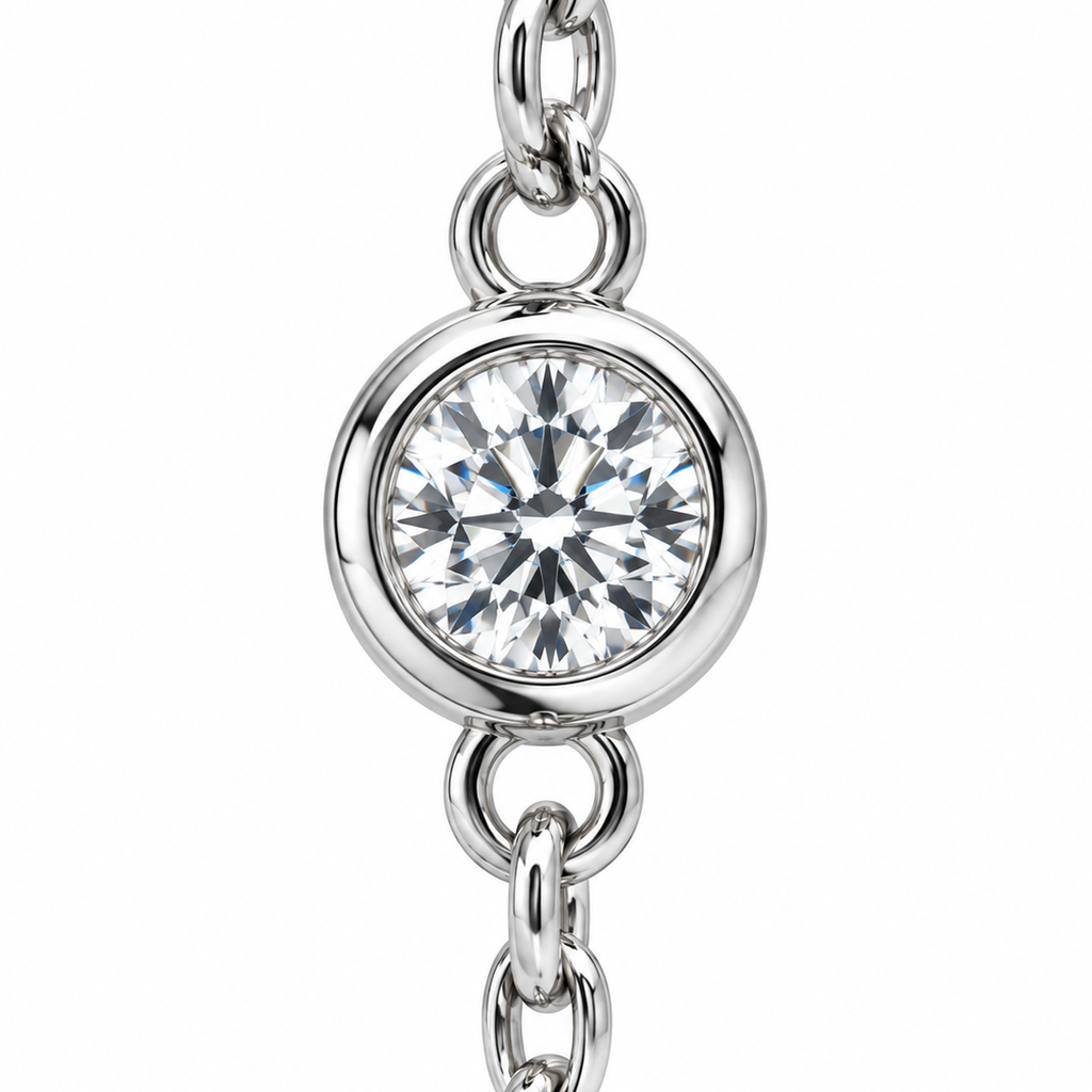 0.75 ctw diamond station bezel setting and chain closeup