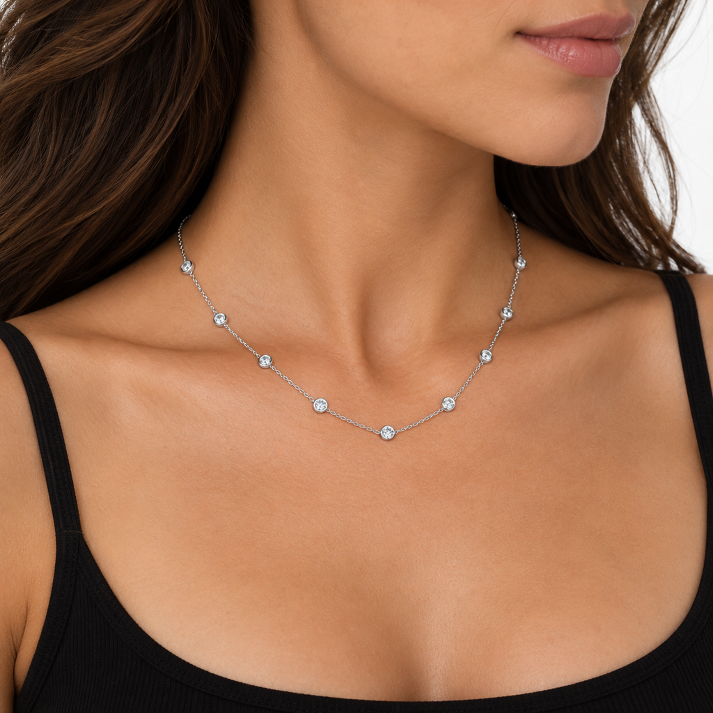 0.75 ctw diamond station necklace on model second angle