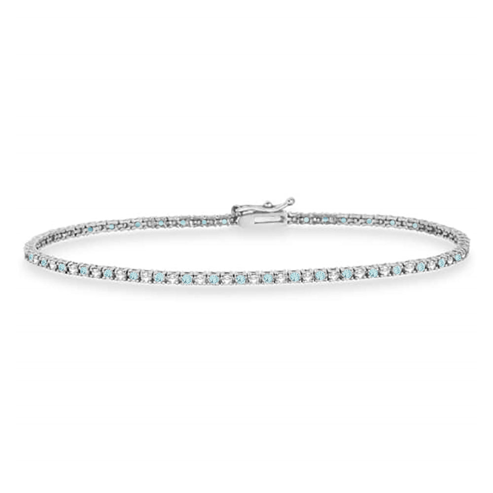 Alternating Diamond & Aquamarine Eternity Tennis Bracelet 14K White Gold (0.97ct)