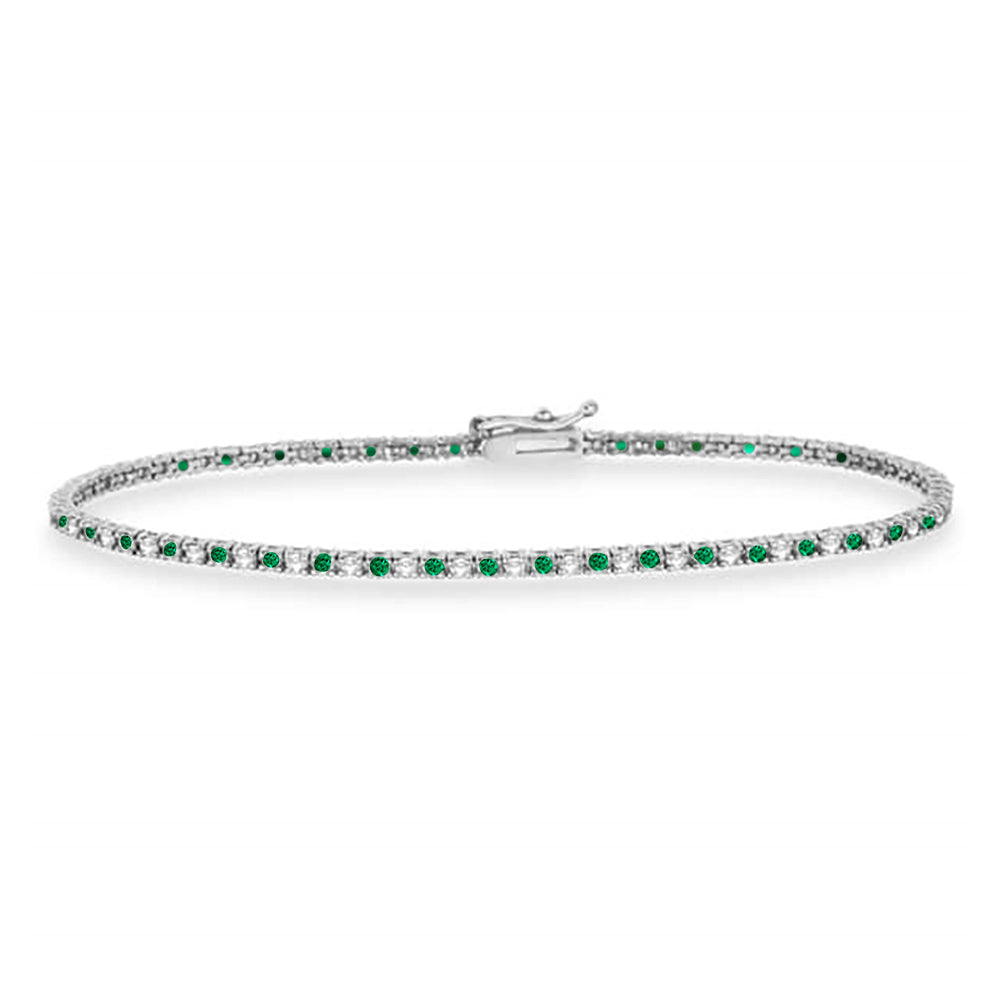 Alternating Diamond & Emerald Eternity Tennis Bracelet 14K White Gold (0.97ct)