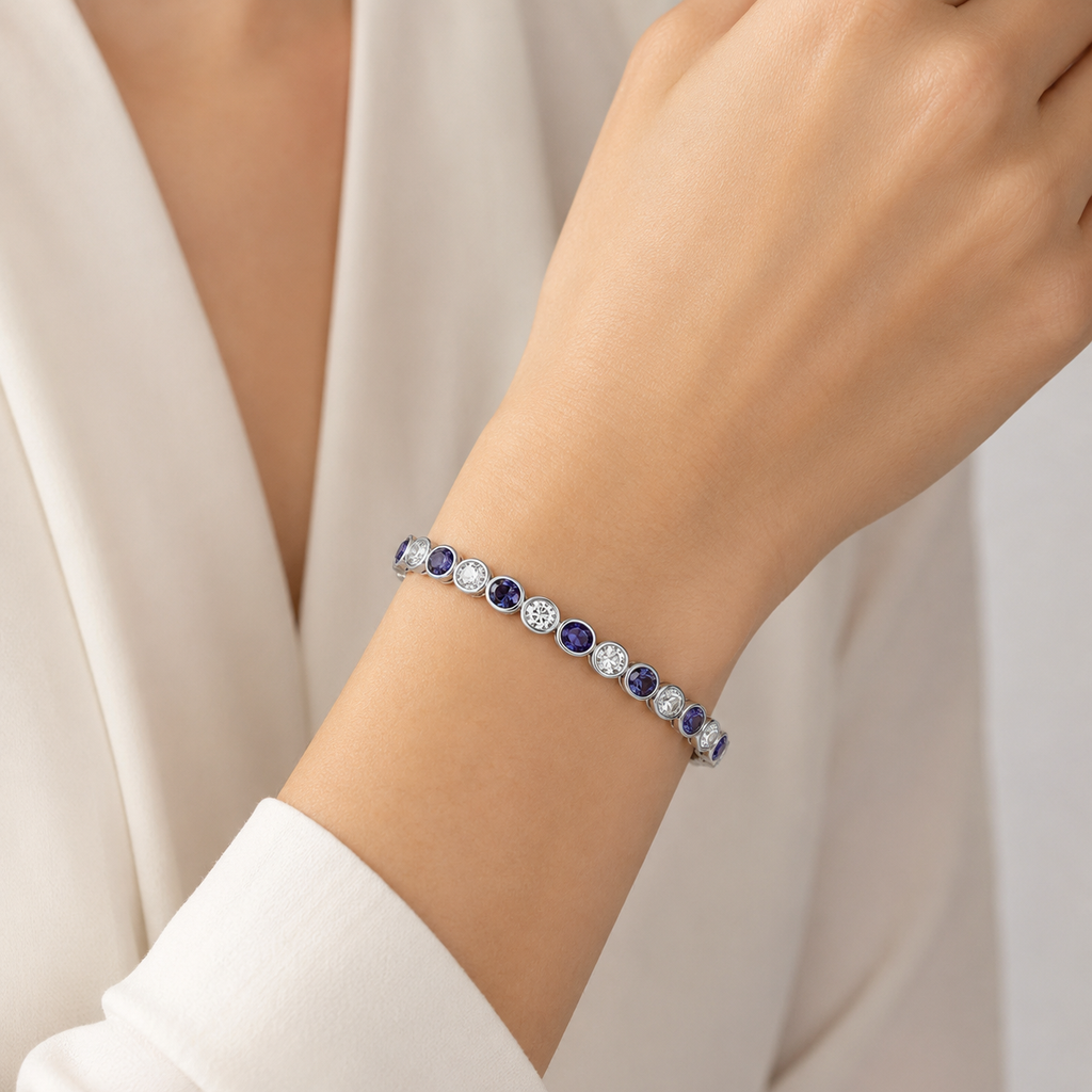 Alternating Oval Diamond & 7x5mm Lab Alexandrite Eternity Tennis Bracelet 18K White Gold