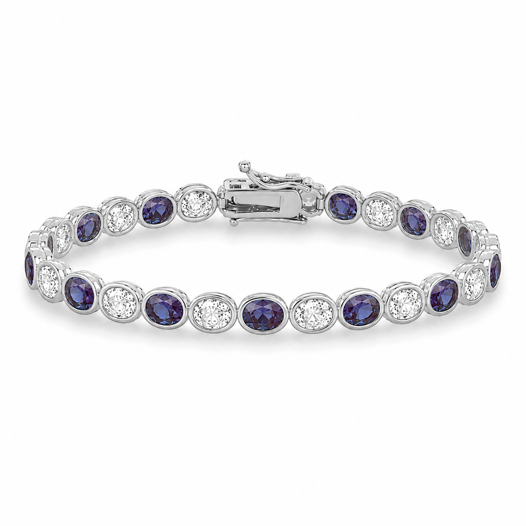 Alternating Oval Diamond & 7x5mm Lab Alexandrite Eternity Tennis Bracelet 18K White Gold
