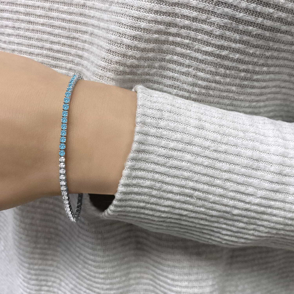 Diamond &  Aquamarine Eternity Tennis Bracelet 14K White Gold (3.76ct)